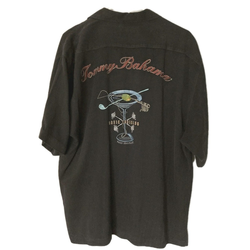 Tommy Bahama Shirt Mens L Blk Silk Short Sleeve Golf Martini Camp Basic Training
